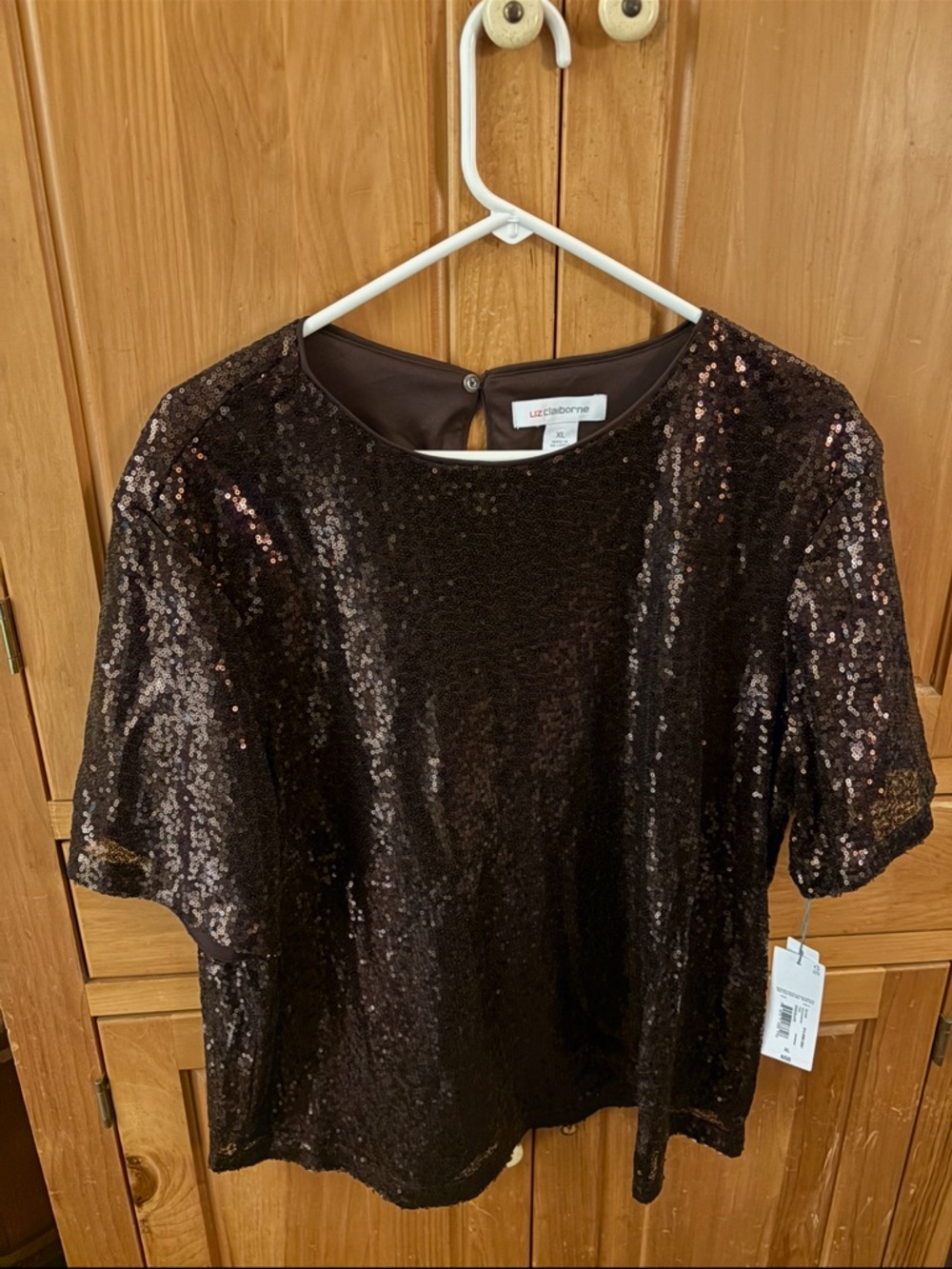 Liz Claiborne Chocolate Brown Sequin Short Sleeve Top
